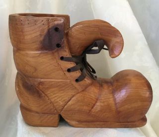 Vintage Hand Carved Wood Shoe/boot W Laces Folk Art Signed Wooden Candle Holder