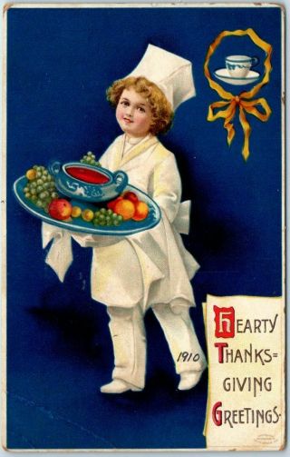 Vintage Hearty Thanksgiving Postcard Girl Chef W/ Fruit Platter Clapsaddle? 1910