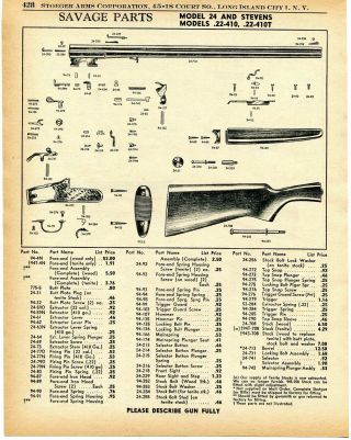 1957 Print Ad Of Savage Model 24 Stevens.  22 - 410 Shotgun Rifle Combo Parts List