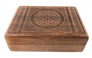 Vintage Wooden Jewelry Trinket Box Hinged Lid Celtic Knot Carved 5 X 7 X 2.  25 "