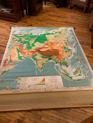 1957 Pull Down School Map Retractable Asia Denoyer Geppert 63 X 80 Usa Made