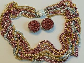 Vtg Demi - Parure 9 Strand Tri - Color Long Necklace Decorative Clasp Clip Earrings