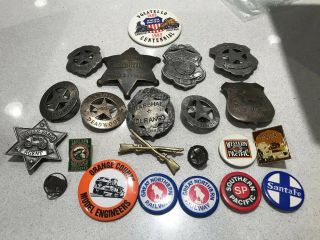 Assorted Pins And Railroad Railway Police Badges Santa Fe Southern Pacific Bnsf