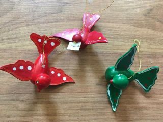 3 Wooden Bird Red Green Christmas Tree Ornaments Letter Hand Painted Vintage