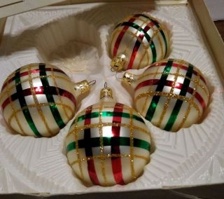 Vintage German Blown Glass Christmas Ornaments Red & Green Stripe Gold Glitter