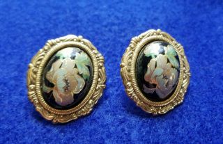 Estate Vintage Gold Tone Ornate Oval Button Black Floral Cabochon Post Earrings