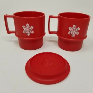 2 Vintage Tupperware Christmas Stacking Red Snowflake Coffee Mug Cups 1312