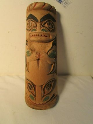 Vintage Totem Pole Wood Carving,  9.  25 Inch,  North West Coastal? Red Cedar
