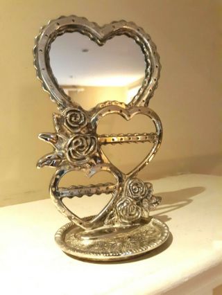 Vintage Silverplated Stud Heart Shaped Mirrored Earring Stand Holder