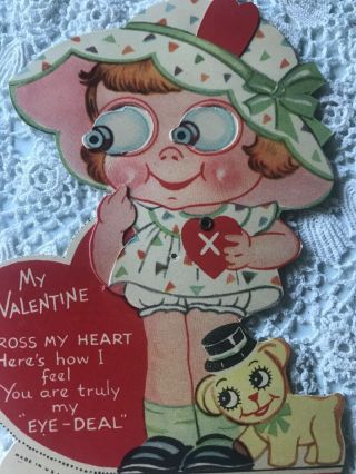 Vintage Valentines Day Card Mechanical Little Girl With Bug Eyes Red Hair