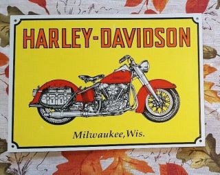 Harley - Davidson Milwaukee Wi 14x10 Metal Sign Yellow Tin Vintage Retro 1980 