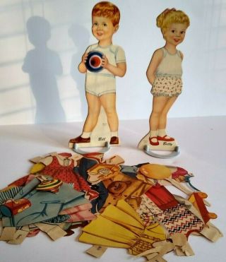 1950s Bill & Betty Young Boy Girl Vintage Paper Dolls And Clothes W Stands