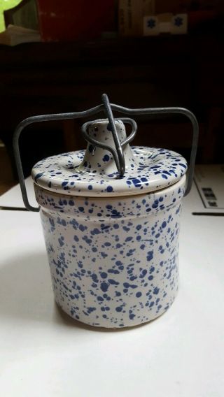 Vintage Stoneware Butter Cheese Crock With Wire Bail Lid Blue White
