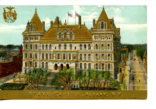 Albany York State Capitol Building - Coat Of Arms - Vintage Embossed Postcard