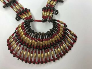 E Vtg Retro Mid Century Handmade Craft Folk Art Pin Necklace Tribal Red Gold