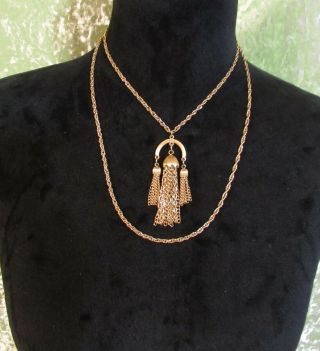 Vintage Double Gold Chain Necklace With A Gold Pendant With 3 Gold Chain Tassels