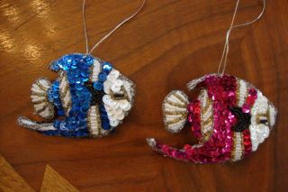 2 Vintage Sequined & Beaded Angel Fish Puffy Christmas Tree Ornaments