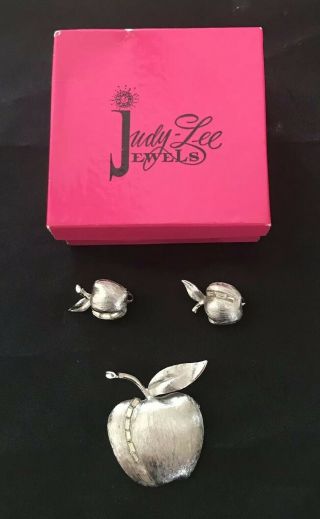 Vintage Jewelry Set Judy Lee Brooch Earrings Apples Baguettes Silver Tone