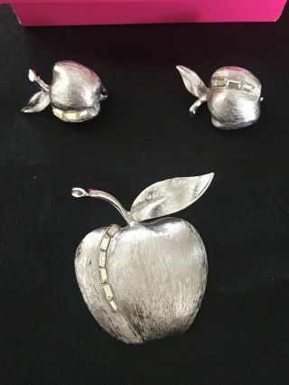Vintage Jewelry Set JUDY LEE Brooch Earrings Apples Baguettes Silver Tone 2