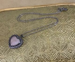Vintage Silver Tone Faux Marcasite Pink Rose Quartz Heart Necklace 18.  5” Avon