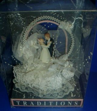 Vintage Wedding Cake Topper Bride Groom - Lace Pearls Netting Satin Leaves