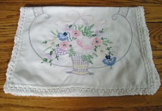 Vintage Dresser Scarf Table Runner White W/ Embroidered Flowers Basket 14 " X 42