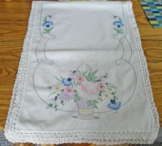 Vintage Dresser Scarf Table Runner White w/ Embroidered Flowers Basket 14 