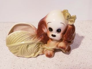 Vintage Yellow Pottery Planter - Dog With Ball Of Yarn And Bow