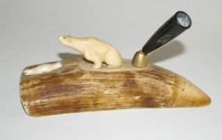 Alaska Eskimo Inuit Carved Polar Bear & Seal Pen Holder 1950s