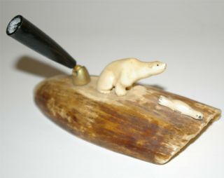 Alaska Eskimo Inuit Carved Polar Bear & Seal Pen Holder 1950s 2
