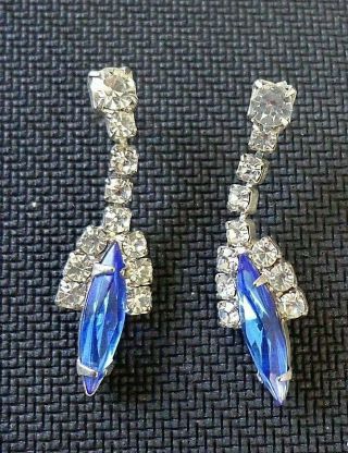 Vintage Blue Crystal And Rhinestone Dangle Earrings Pierced 1.  25 "