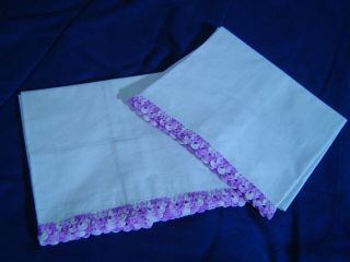 Pair Vintage Cotton Pillowcases With Hand - Crocheted Trim 20 X 32
