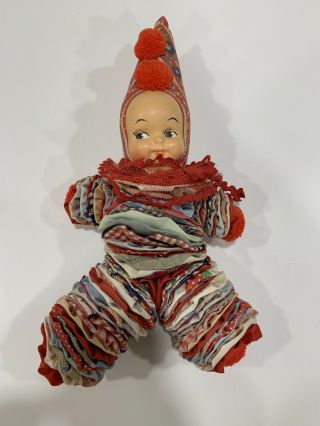 Vintage Quilt Yoyo Rosette Doll Folk Art Handmade Plastic Calico