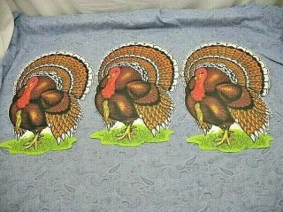 3 Vintage Turkey Die Cut Paper Thanksgiving Decoration 1970 