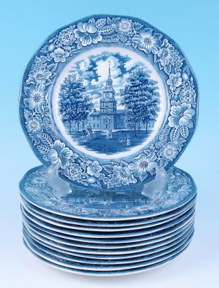 Full Set 12 Liberty Blue Independence Hall Philadelphia Dinner Plates Historical 2