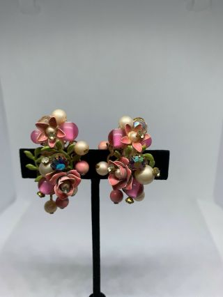 Vintage Pink Enamel Rose Flower Pearl Clip On Earrings