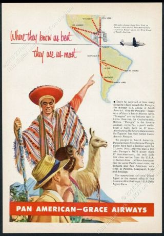 1951 Llama South America Travel Art Pan Am Panagra Airlines Vintage Print Ad
