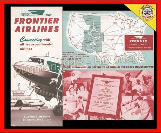 Frontier Airlines 1953 Airline Timetable Schedule.  Dc - 3 Cover
