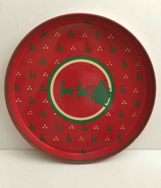 Vintage Christmas Metal Serving Tray Round Silvestri Red Green Santa Reindeer