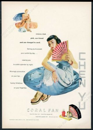 1948 Chen Yu Coral Fan Lipstick Nail Polish Woman Photo Vintage Print Ad