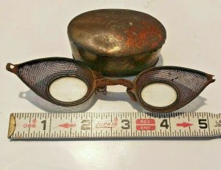 Vintage Railroad Mesh Cinder Small Goggles In Tin Case