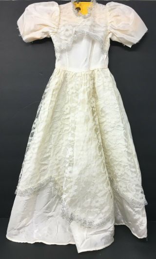 Vintage Ivory Large Doll White Gown Dress With Lace Overlay Silver Trim