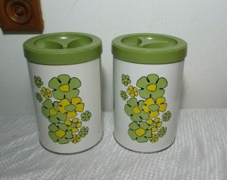 Vintage Ballonoff Canisters Set Of 2 Metal Floral Avocado Green Yellow White Usa