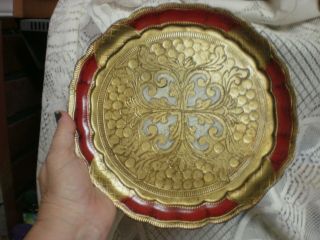 Vintage Plastic Round Scalloped Gold Red Serving Plate Tray Made Italy 9 1/4