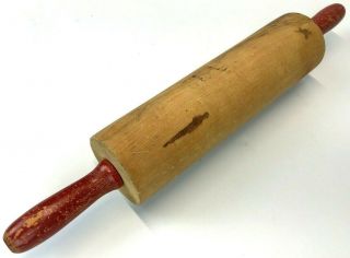 Vintage 17 " Wooden Rolling Pin Red Wood Handles 2.  5” Diameter Roller 10 " Baking
