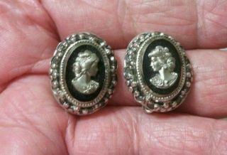 Vintage Whiting & Davis Glass Cameo Ornate Designed Silvertone Clip Earrings