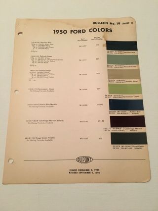 1950 Ford Dupont Exterior Colors Paint Chip Selection Bulletin No.  19 Vintage