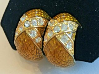Signed Diahann Carroll Vintage Clip Earrings Gold Tone Rhinestones Gold Enamel