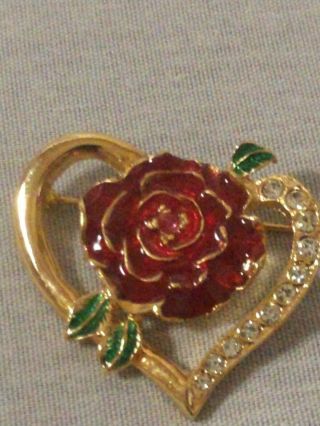 Vintage Heart Shaped Brooch Gold Tone With A Rose And Rhinestones