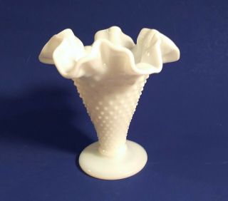 Vintage Fenton? Small White Hobnail Milk Glass Vase Ruffle Trim 3.  75 "